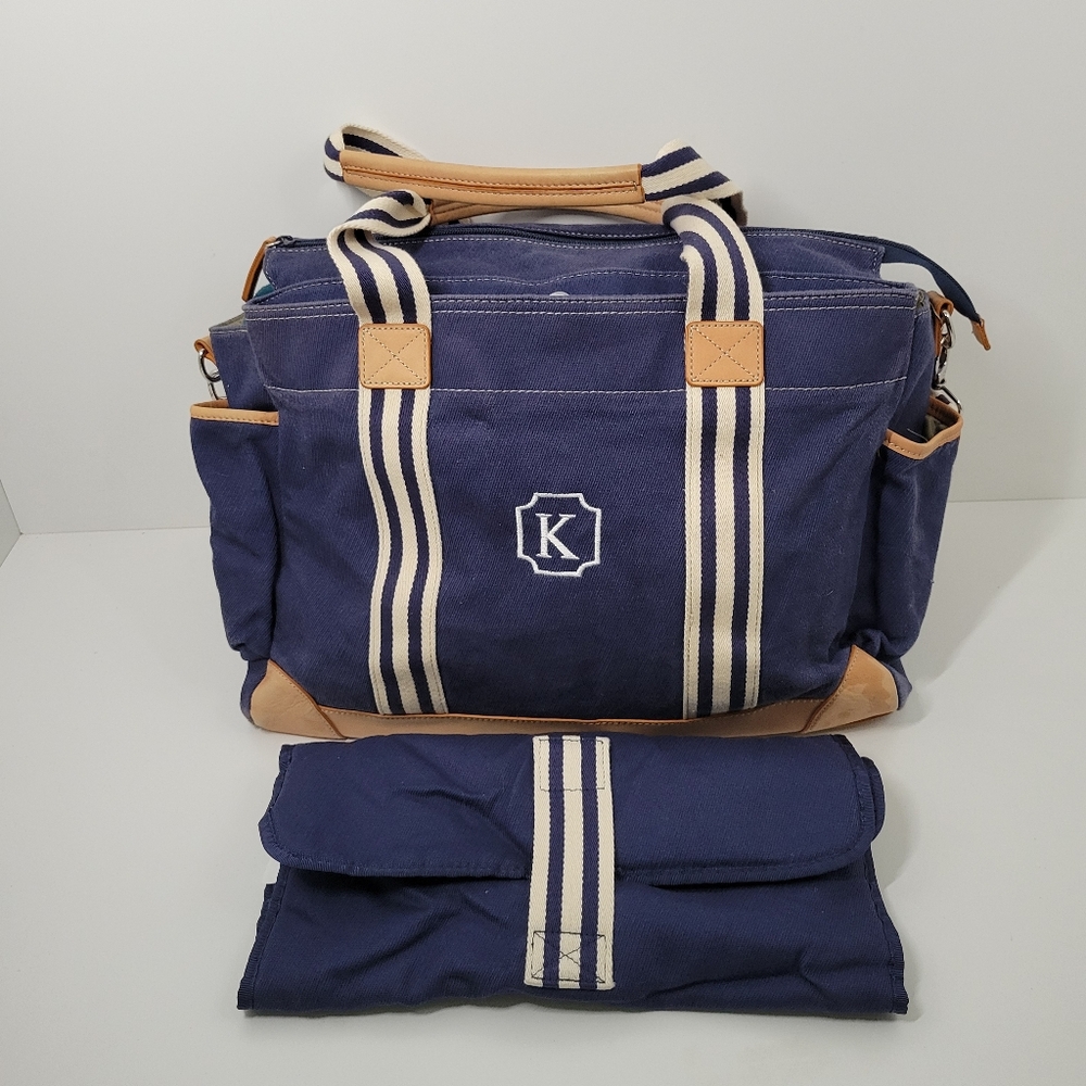 POTTERY BARN KIDS Navy Blue Canvas Leather Monogram Baby Duffle Tote Diaper Bag